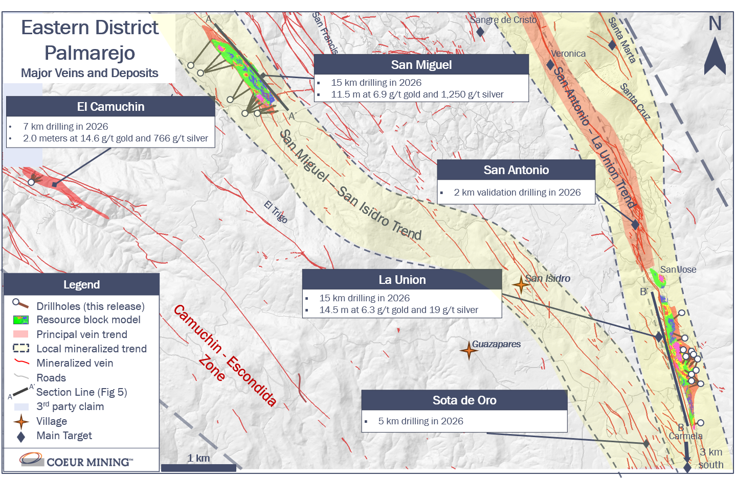 Figure 2. Eastern Palmarejo District showing Main Mineralized Trends and Deposits Drilled in 2026 