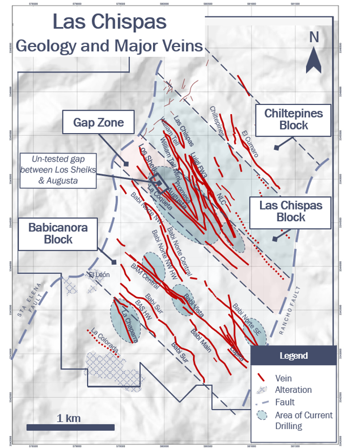 Figure 4. Figure 4. Las Chispas – Location of major mineralized blocks, key veins and current areas of exploration focus
