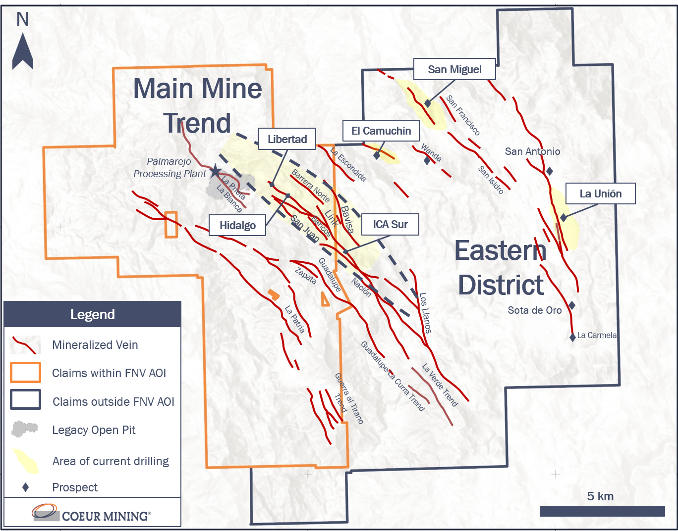 Figure 1. Map of Palmarejo Main Mine Trend and Eastern District showing major vein trends