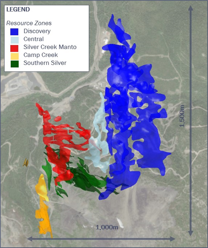 Figure 2: Year-end 2022 resource shapes showing locations of Southern Silver Zone and Saddle Zone.
